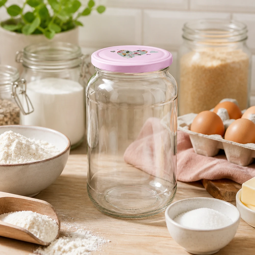 Ronde pot 1062 ml + deksel BasicSeal roze hart UNiTWIST 1062ml BasicSeal ronde pot roze hart deksel tussen bakingrediënten eieren bloem als veelzijdige keuken voorraadpot