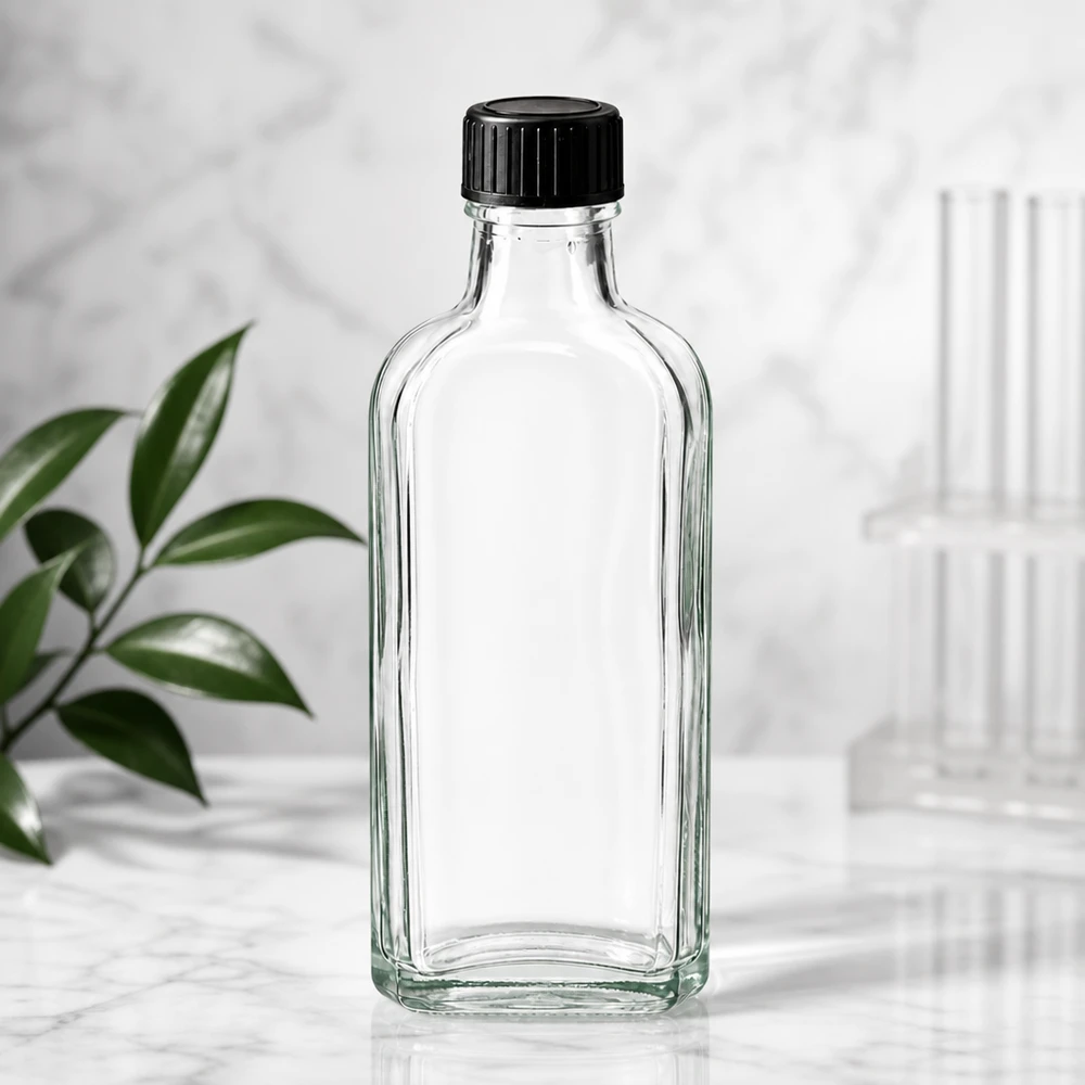 100 ml witte meplatfles met DIN 22 monding, inclusief schroefsluiting DIN 22 zwart van LKD Een Meplat-flesje van 100 ml van helder glas met een zwarte dop, naast groene blaadjes