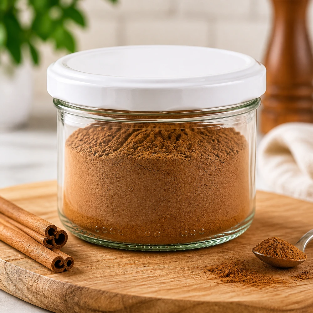 230 ml cilindrische pot met wit BioSeal deksel gevuld met kaneelpoeder op houten plank met kaneelstokjes