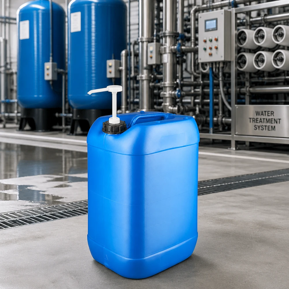 Canister 25 liter blauw met doseerpomp Blauwe jerrycan van 25 liter met doseerpomp voor het doseren van chemicaliën in waterzuiveringsinstallaties
