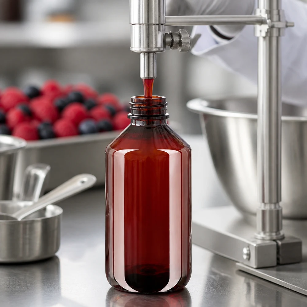 Fles met klapsluiting van 500 ml in amberkleur, machinaal gevuld met rood fruitextract