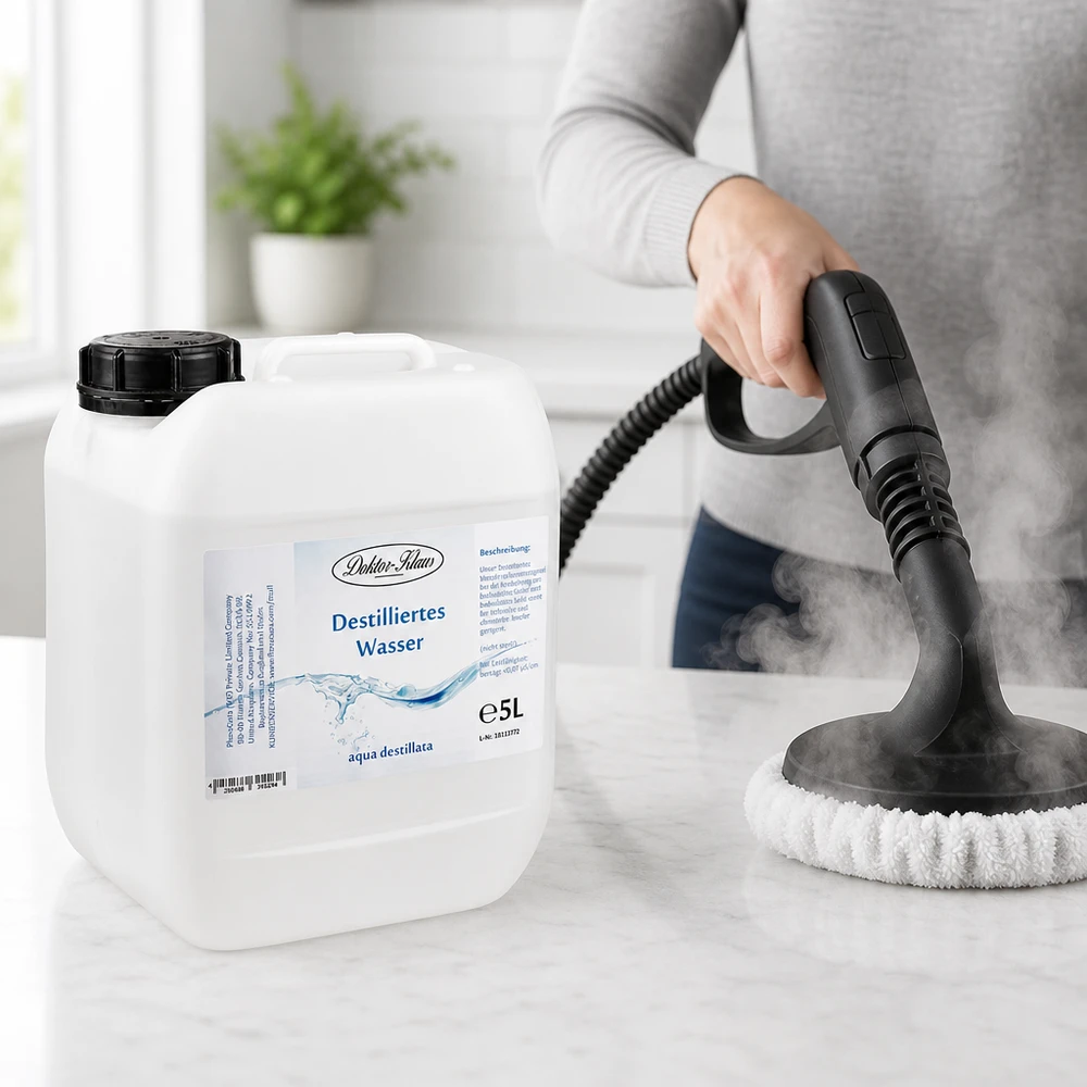 Stoomreiniger is gevuld met 5 liter gedestilleerd water van Doktor-Klaus voor kalkvrije reiniging