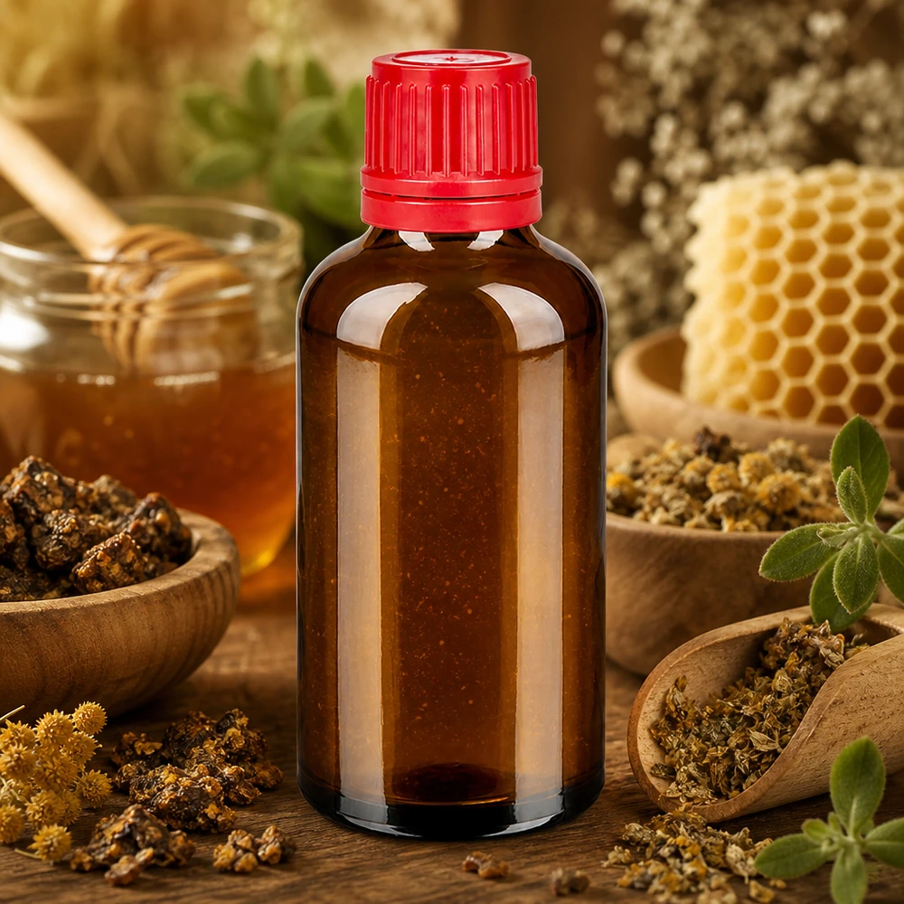 Compacte 50ml glazen fles BrownLine serie met rode dop voor homeopathie