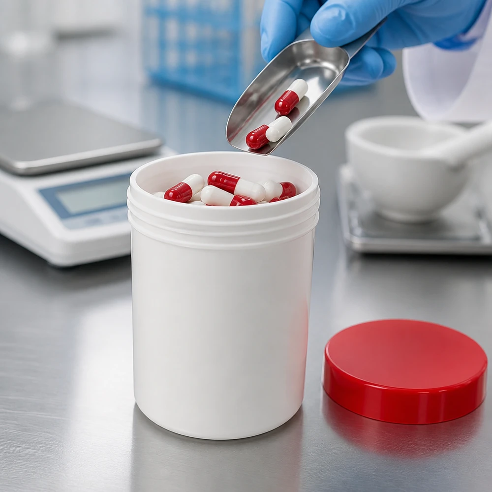 Het vullen van een witte pot van 300 g met rode capsules met behulp van een metalen schep in het laboratorium