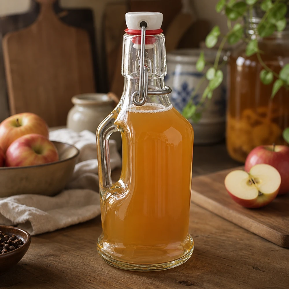 Bertha 200ml glazen fles gevuld met appelsap, UNiTWIST draaidop, rustiek keukentafereel met verse appels