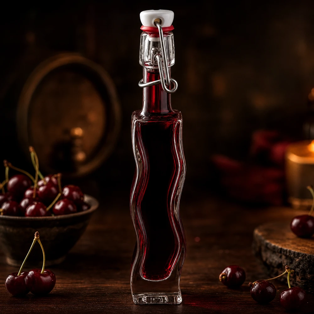 40 ml glazen Anna-fles met donkerrode kersenvloeistof in een rustieke wijnkeldersfeer met verse kersen