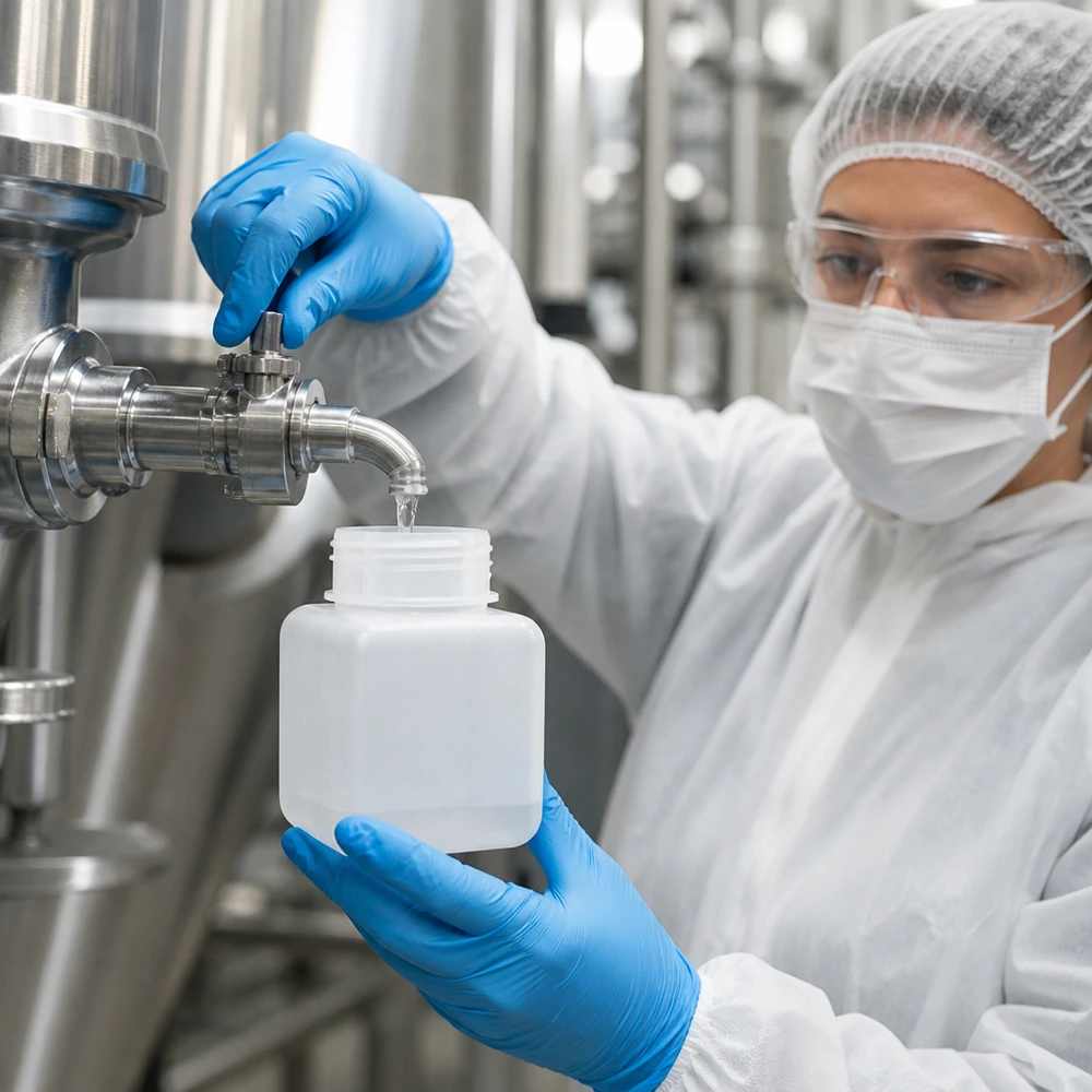 Chemicaliënfles 500 ml, wijde hals, incl. sluiting GL 65 Chemicaliefles 500 ml PE-HD, brede hals, naturel, voor hygiënische afname van vloeistoffen