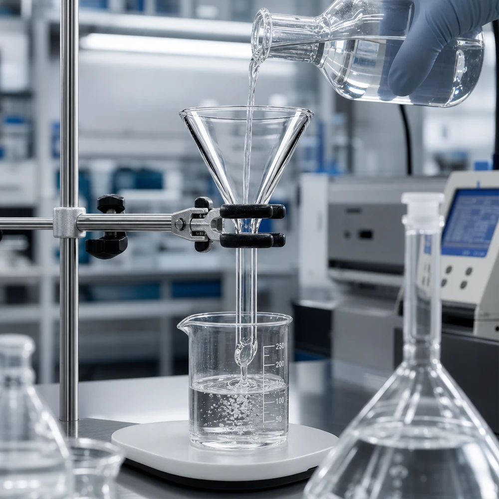 Compacte laboratoriumtrechter van soda lime glas met 30 mm opening voor efficiënte filtratie en scheiding