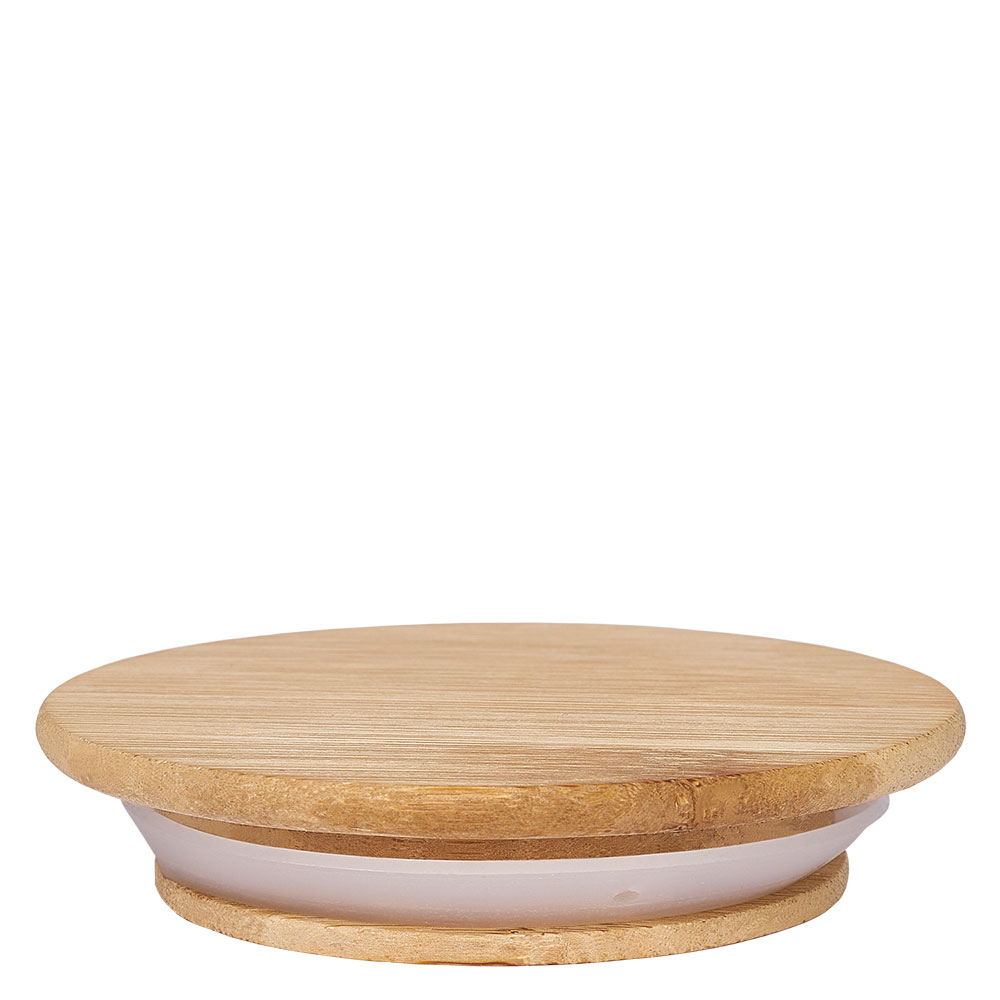 Houten deksel WECK RR60 WECK houten deksel RR60 zijaanzicht toont natuurlijke houtnerf en witte rubberen ring voor optimale afdichting