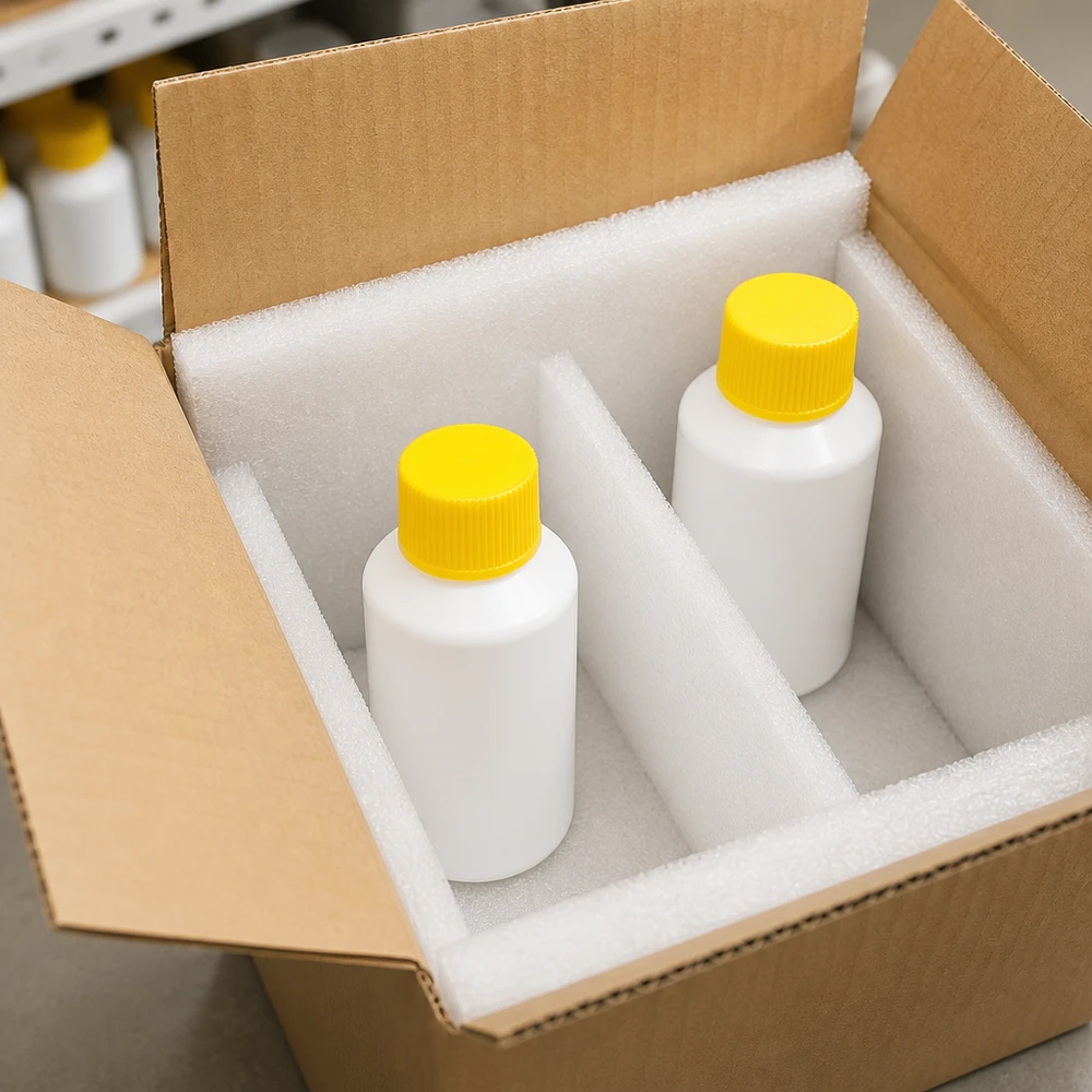 Verpakking per paar van witte HDPE-apotheekflesjes van 50 ml met gele SV in verzenddoos