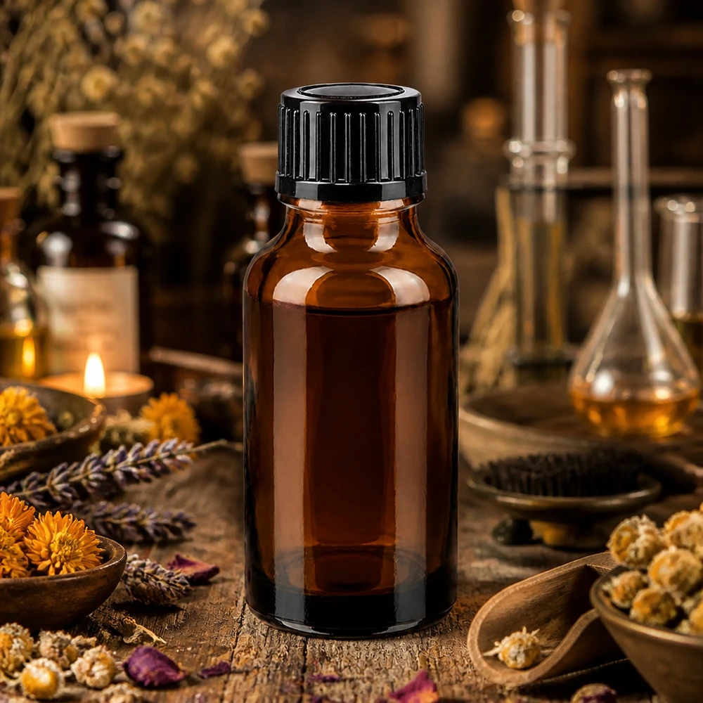 Kleine apothekersfles van 20 ml van bruin glas met zwarte dop voor etherische oliën