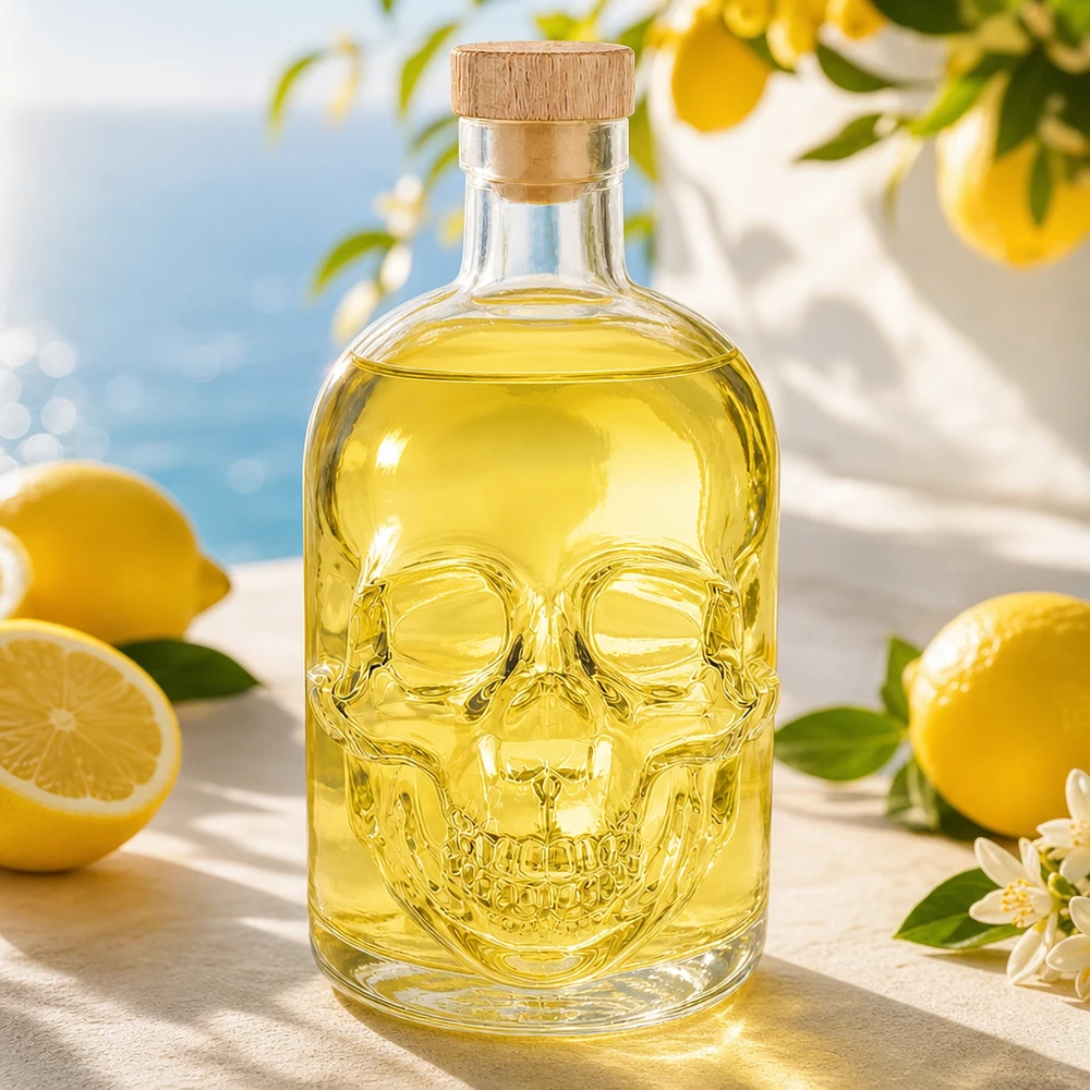 Schedel glazen fles 500ml met gele inhoud en kurkstop, decoratieve Jack Design gedistilleerde drankfles