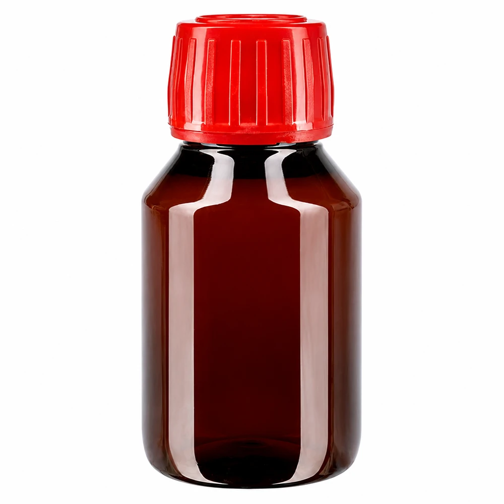 Compacte bruine PET-fles van 50 ml met een rode, fraudebestendige dop