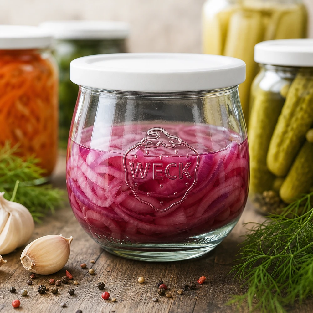 WECK RR80 tulpvormige pot van 370 ml met vershouddeksel WECK tulpenpot 370ml RR80 met ingemaakte rode kool naast knoflook, peperkorrels en andere inmaakpotten