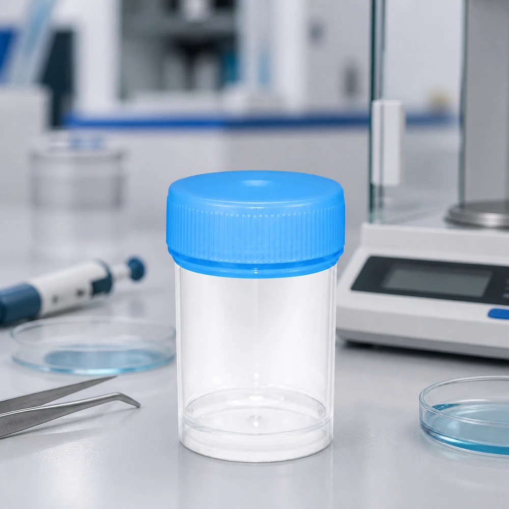 Universele kunststof pot (pathologie pot) 20ml Cilindrisch pathologievat van 20 ml, gemaakt van doorzichtige kunststof, omringd door laboratoriumapparatuur
