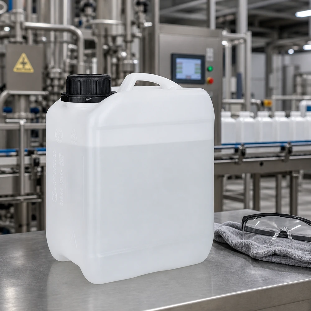 2.5l jerrycan met schroefsluiting wit Stapelbare industriële jerrycan van 2,5 liter, wit, naast een veiligheidsbril en een poetsdoek in een productiefaciliteit