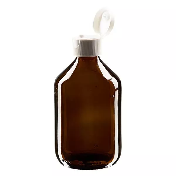 300ml Euro-medicijnfles / siroopfles bruin met witte klapsluiting 300ml Euro-medicijnfles / siroopfles bruin met witte klapsluiting