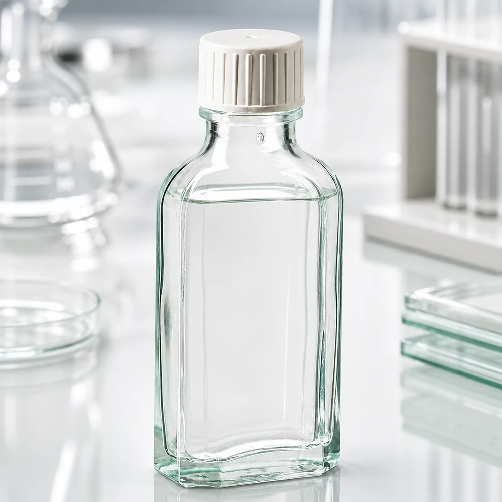 50 ml witte meplatfles met DIN 22 monding, inclusief schroefsluiting DIN 22 wit met gietring Kleine glazen heupfles van 50 ml, helder, met witte originaliteitssluiting