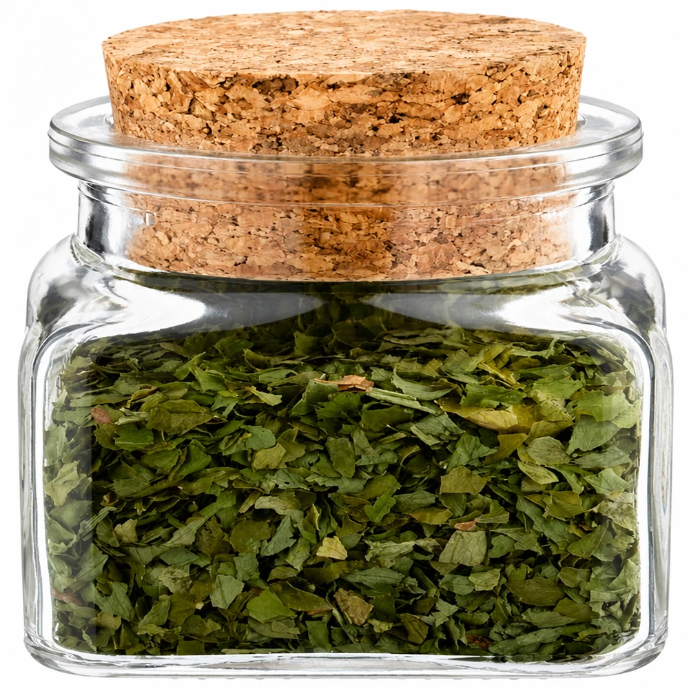 Idee voor een glazen kruidenpotje: Vierkant 120 ml helder inclusief kurk Kruidenpotje Quadratus, transparant, met gedroogde peterselie en een natuurlijke kurken dop 38