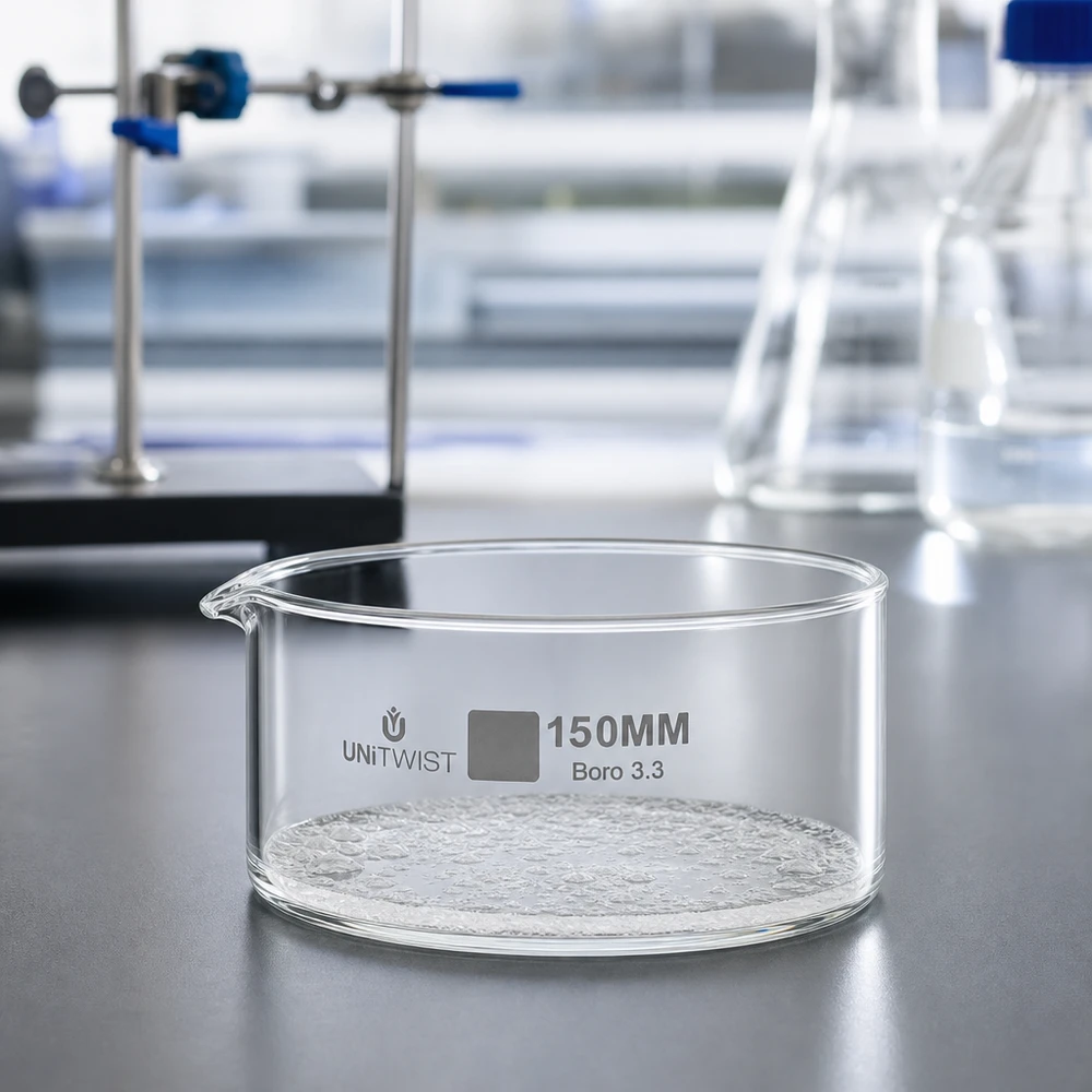Vlakke kristallisatieschaal UNiTWIST 150 mm, hittebestendig borosilicaatglas, laboratoriumomgeving
