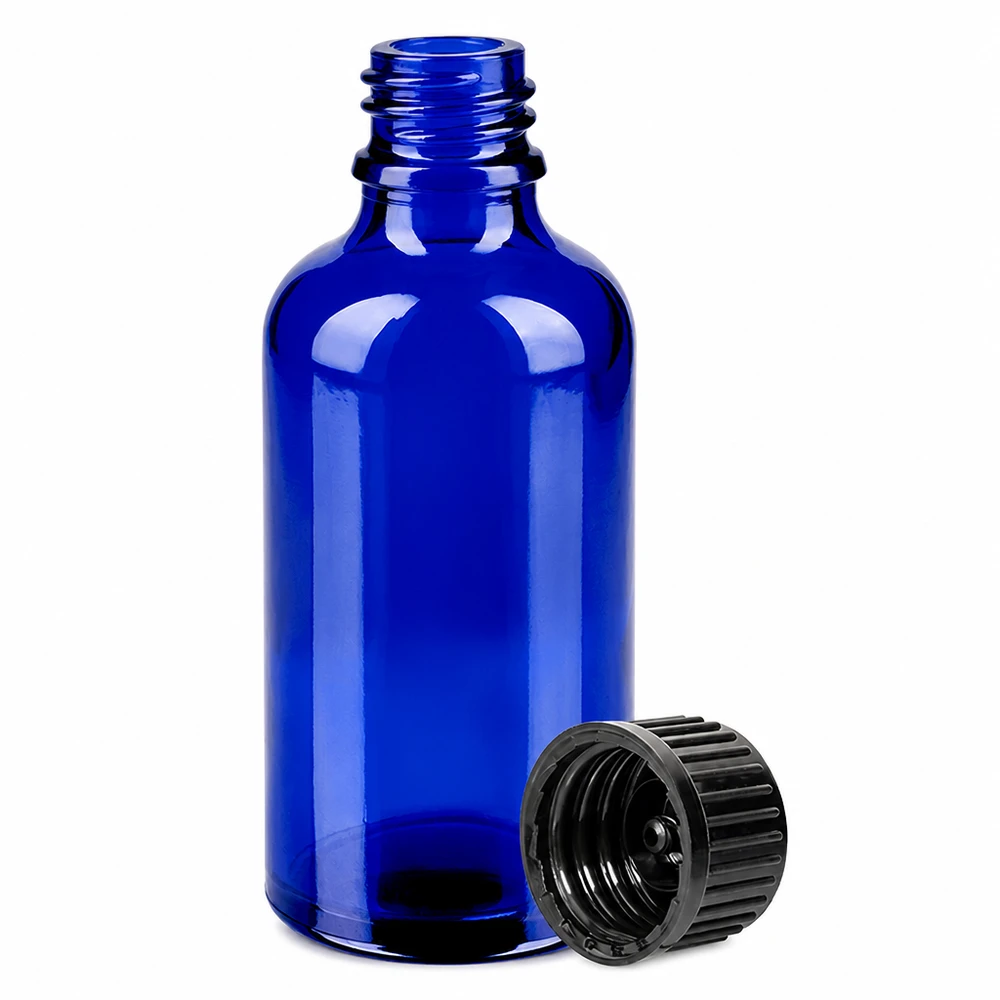50ml fles 11mm SV zwart STD BlueLine UT18/50 Apothekersfles blauw 50ml met lekvrije dop voor kruidenextracten