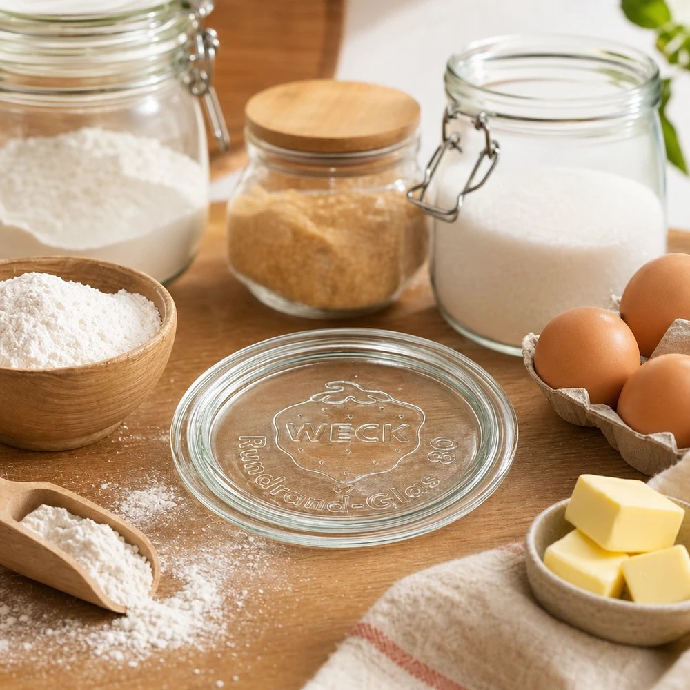 WECK glazen deksel RR80 WECK RR80 glazen deksel omringd door bakingrediënten zoals bloem, eieren, boter en melk in een rustieke keuken op een houten tafel