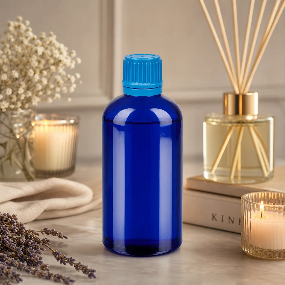 Elegante 100ml apothekersfles van blauw glas met lekvrije 11mm SV dop