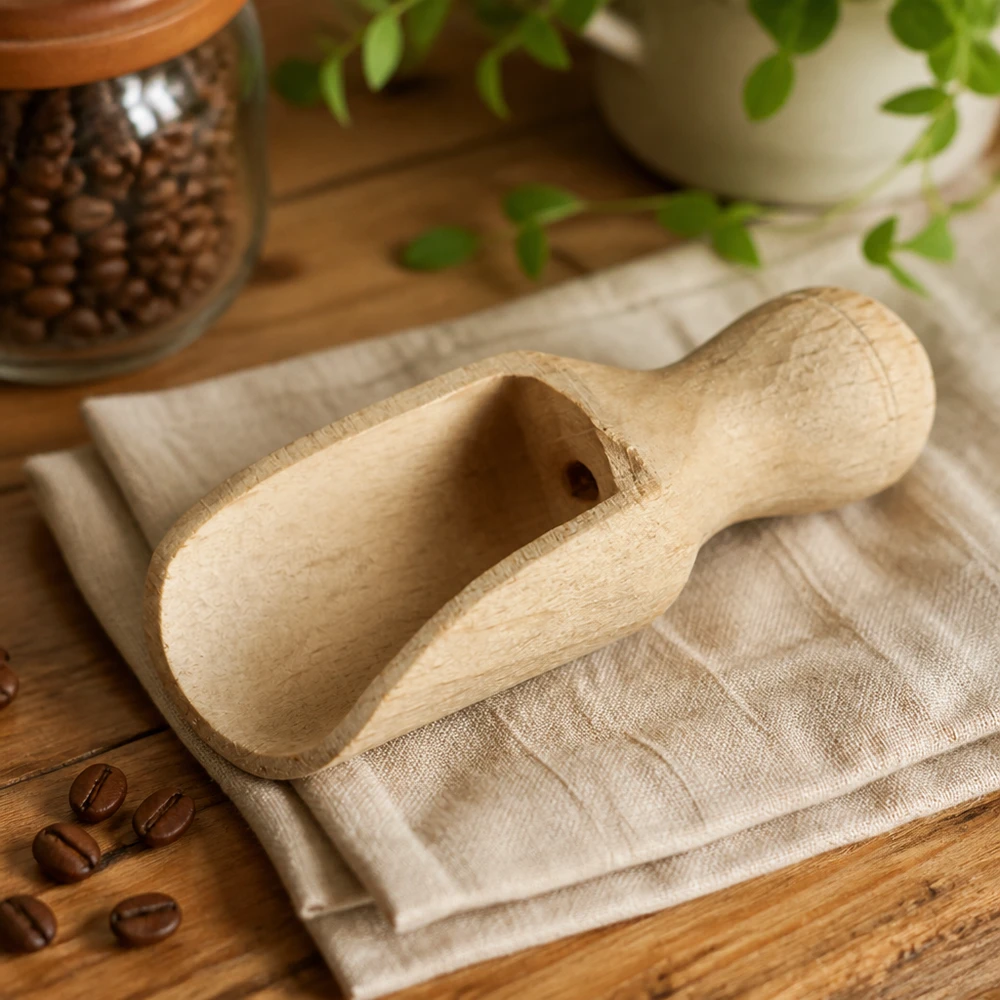 Houten schep XS 5,2cm op linnen doek met koffiebonen en glazen pot in een natuurlijke keukensfeer