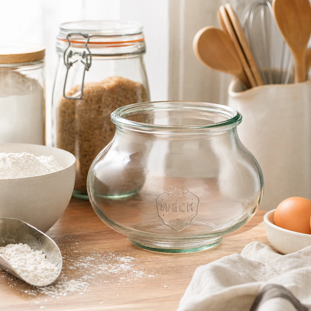 560 ml sierglas WECK RR80 WECK decoratieve pot 560ml RR80 lege pot in keuken scène met bak ingrediënten bloem eieren en houten keukengerei