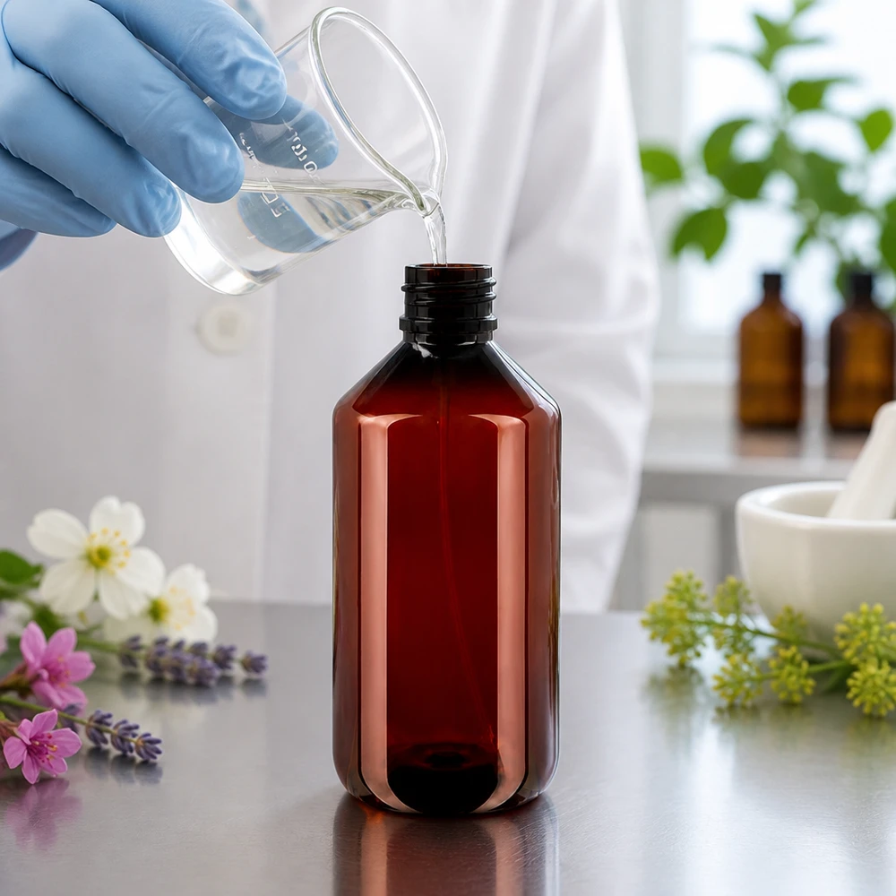 500 ml PET medicijnfles met verstuiver zwart GCMI 28/410 incl. dop transparant, standaard Nachfüllbare 500ml PET Flasche mit schwarzem Pumpzerstäuber für Kräuter und Naturextrakte