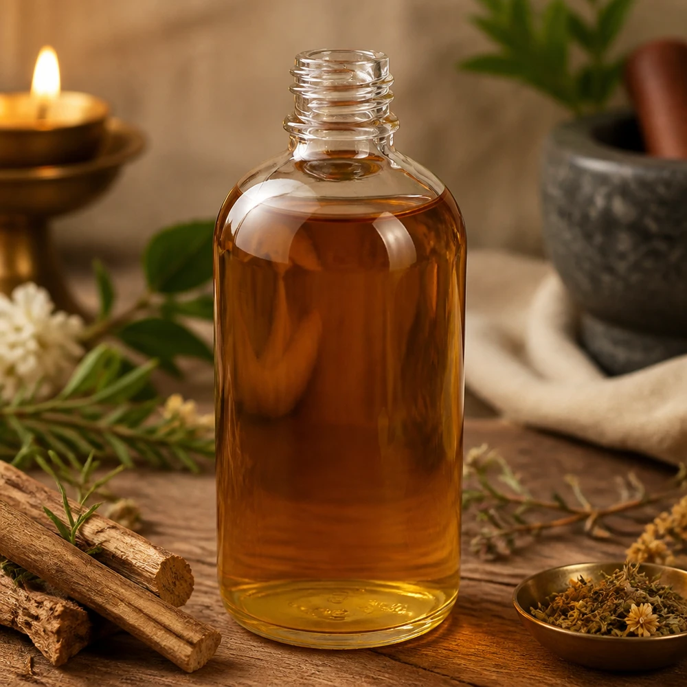 Lege ClearLine-apothekersfles van 100 ml, gevuld met gouden olie, tussen kruiden en houten staafjes