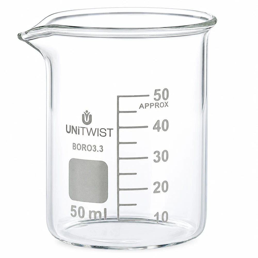 Becherglas, laag model, 50 ml, voor laboratoriumgebruik, chemie, borosilicaatglas, helder, UNiTWIST BORO