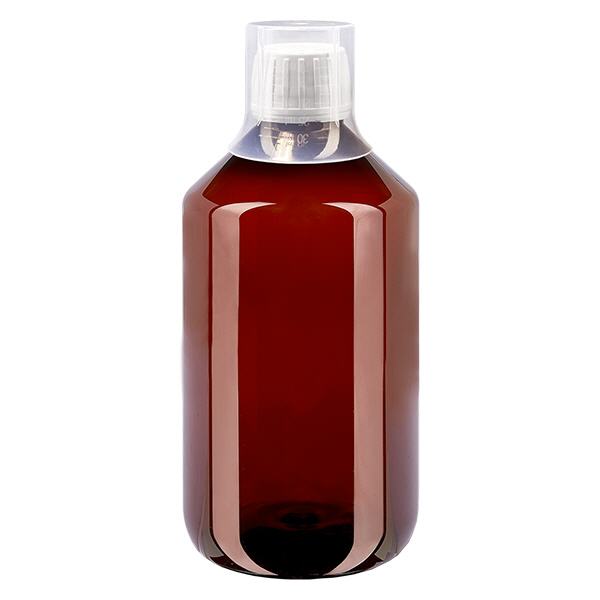 500ml PET medicijnfles - schroefsluiting VR wit - doseerbeker 30ml blank 500ml PET medicijnfles - schroefsluiting VR wit - doseerbeker 30ml blank