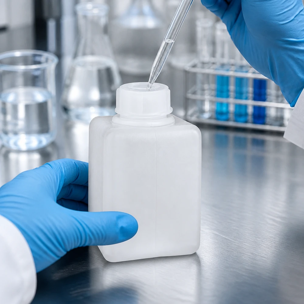 Chemicaliënfles 100 ml, nauwe hals, incl. sluiting GL 25 Kleine PE-HD-laboratoriumfles van 100 ml, naturel, met schroefdop voor veilige opslag van chemicaliën