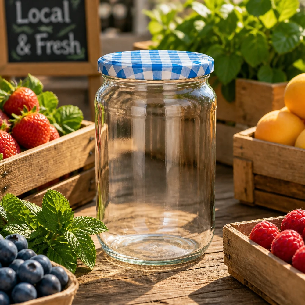 1062ml BasicSeal ronde pot met blauw en wit deksel op houten tafel met vers fruit, ideaal voor jam en conserven