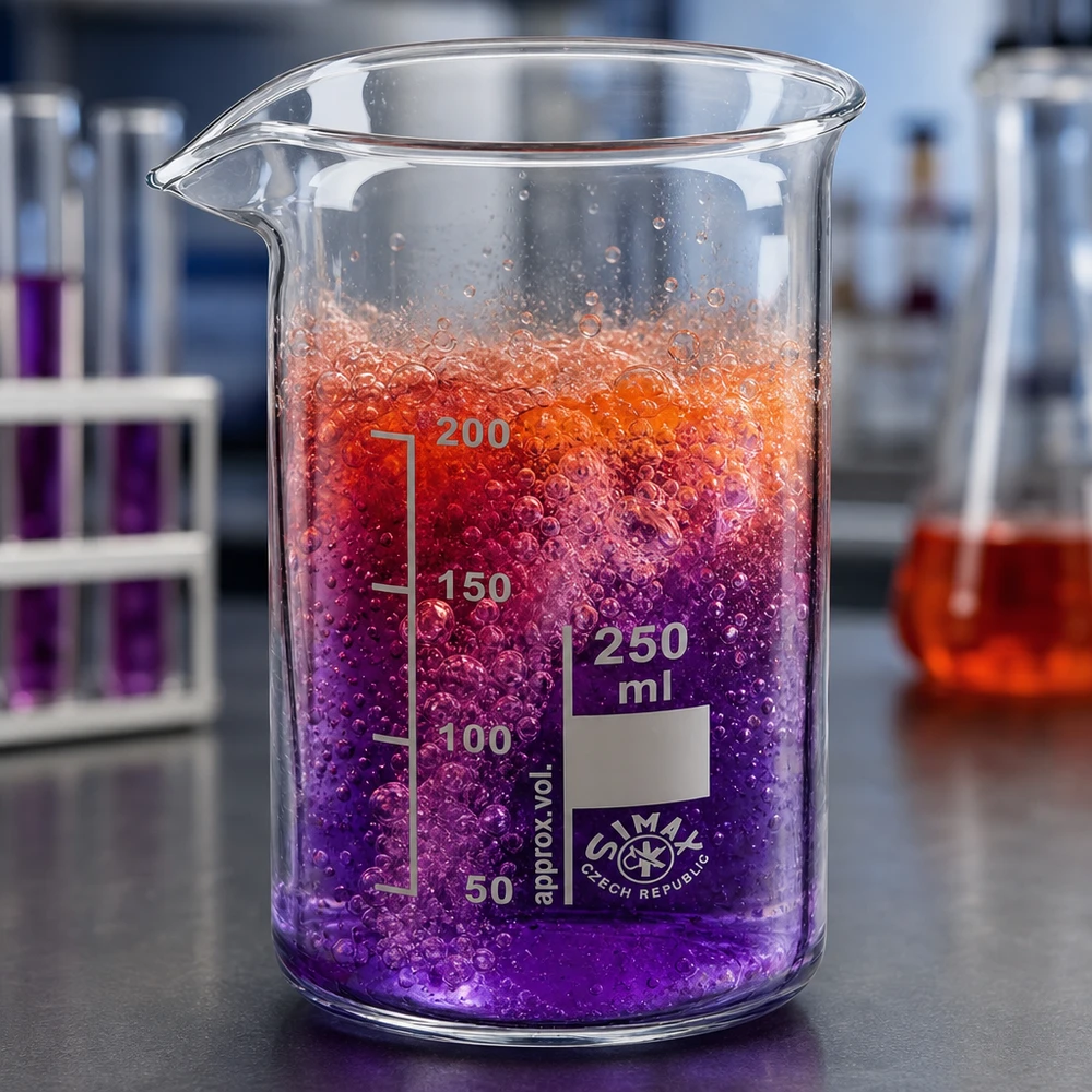 Laboratoriumopstelling met een 250 ml bekerglas (hoge vorm) van borosilicaatglas en een reageerbuisstandaard op de achtergrond