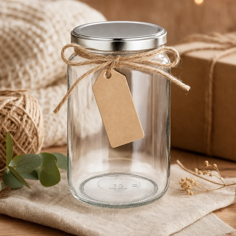 795ml ronde pot met BasicSeal deksel decoratief met jute koord en cadeaulabel als geschenkverpakking