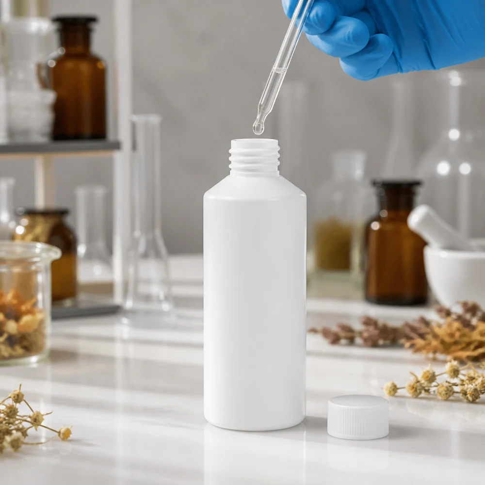 Kleine witte kunststof fles van 100 ml (HDPE) voor cosmetische formuleringen