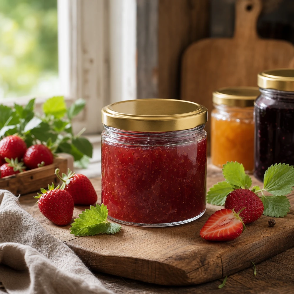 540 ml ronde pot met BasicSeal deksel goud gevuld met aardbeienjam op een houten plank met verse aardbeien