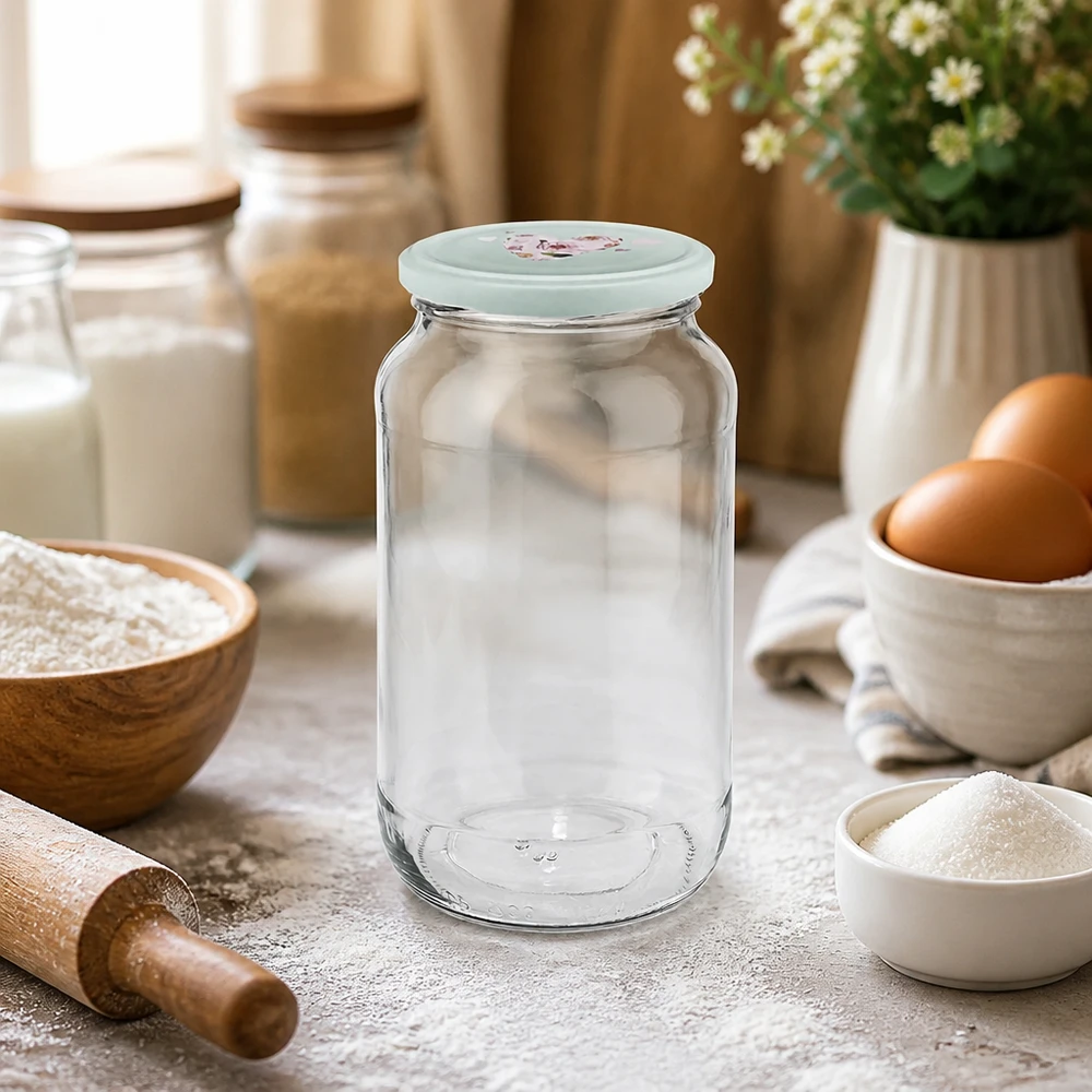 Ronde pot van 1062 ml + BasicSeal-deksel met muntmotief UNiTWIST Lege ronde pot van 1062 ml met mintgroen hartjesdeksel op keukenblad tussen bakingrediënten en keukengerei