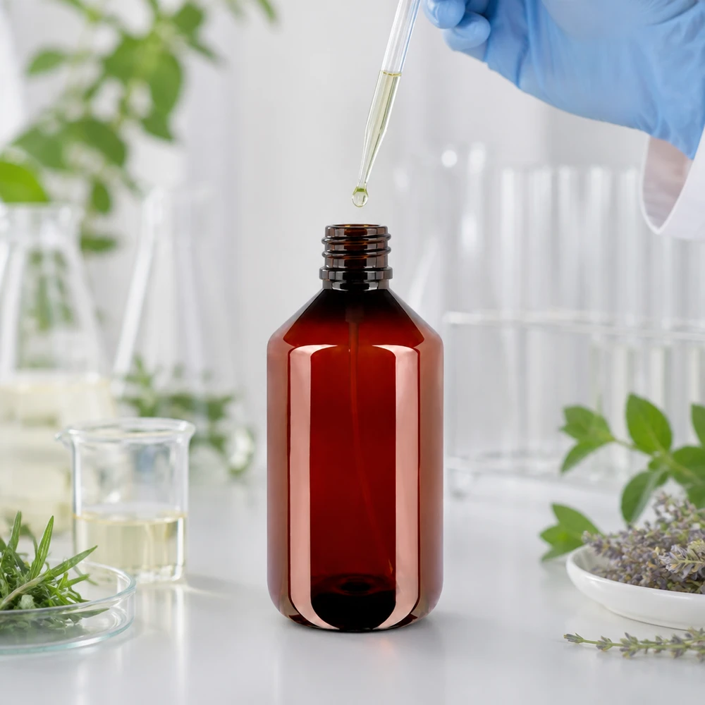 500 ml PET medicijnfles met verstuiver wit GCMI 28/410 incl. dop transparant, standaard Nachfüllbare 500ml Sprühflasche aus braunem PET Kunststoff für Naturprodukte