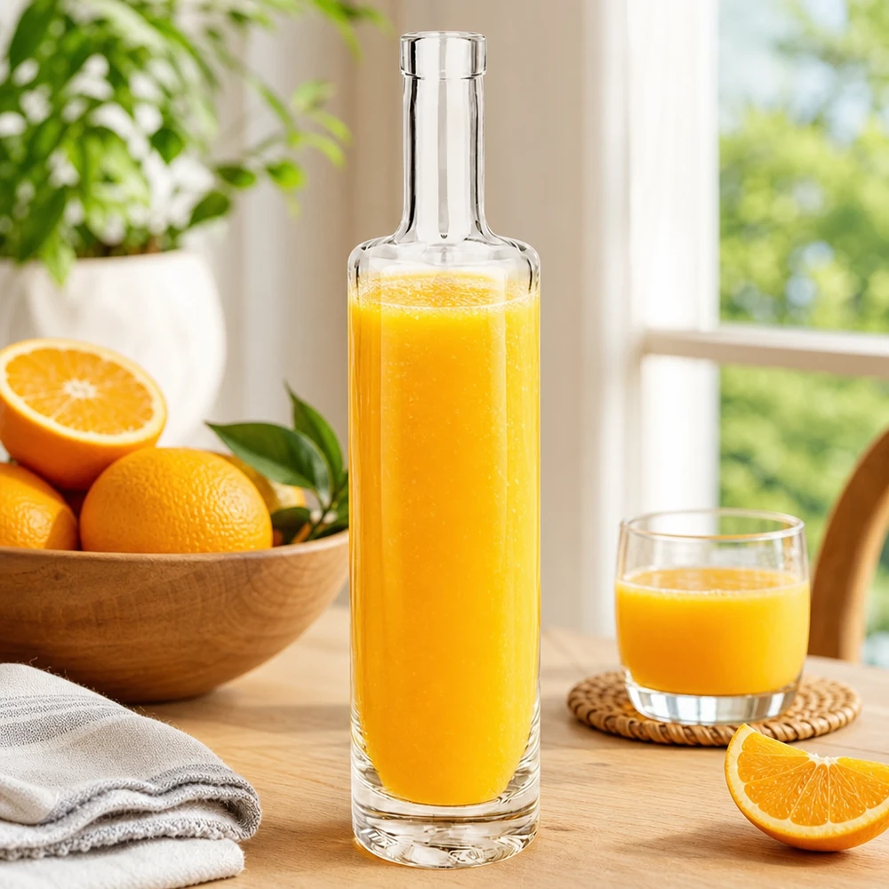 500 ml glazen fles Lina zonder sluiting UNiTWIST® 500ml Glasflasche Lina mit frischem Orangensaft gefüllt zwischen Orangen und Glas in sonniger Küchenatmosphäre Bild 7