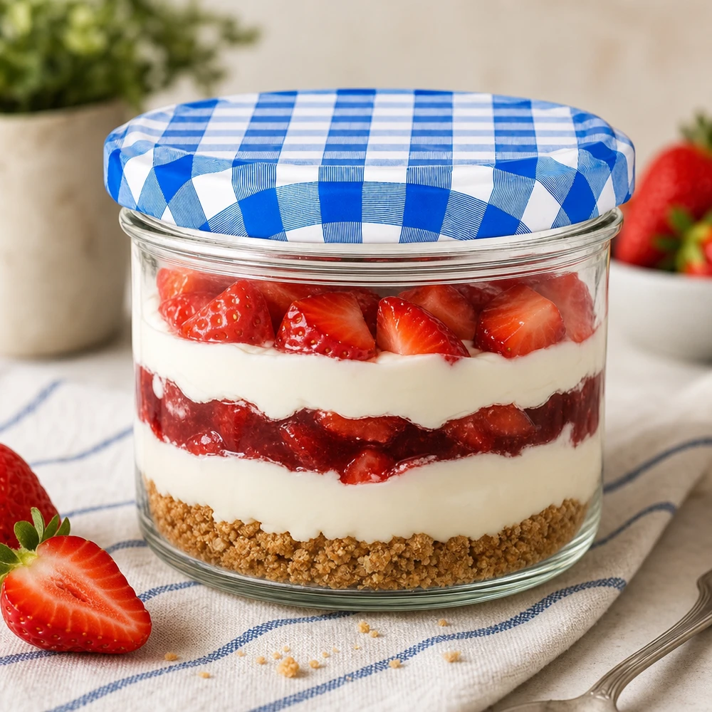 Aardbeienlaagjestaart in 230 ml cilinderpot met BasicSeal deksel blauw en wit, dessertpot met biscuit en slagroom
