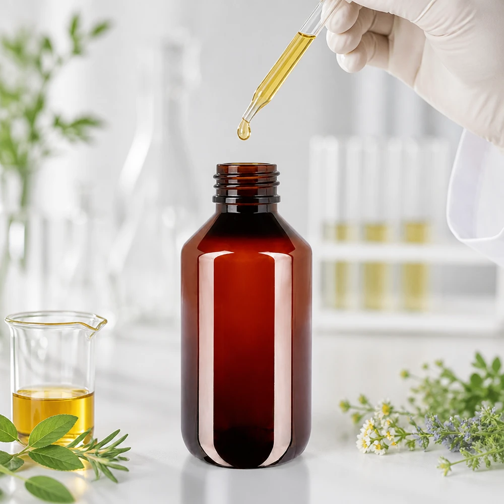Bruine PET-fles van 100 ml, farmaceutische kwaliteit, met een witte dop die de authenticiteit waarborgt