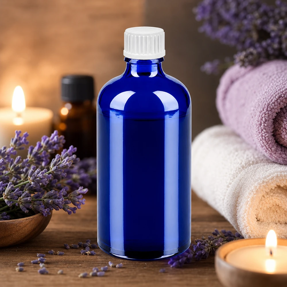 100ml druppelflesje 0.9mm wit STD BlueLine UT18/100 100ml blauwe glazen fles met witte druppeldop 0,9mm perfect voor cosmetica BlueLine