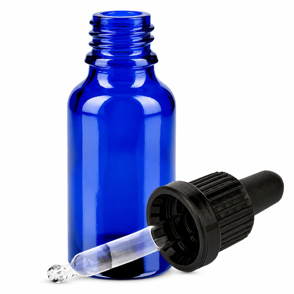 Elegant blauw glazen flesje van 20 ml met pipet, ideaal voor aromatherapie en natuurlijke cosmetica