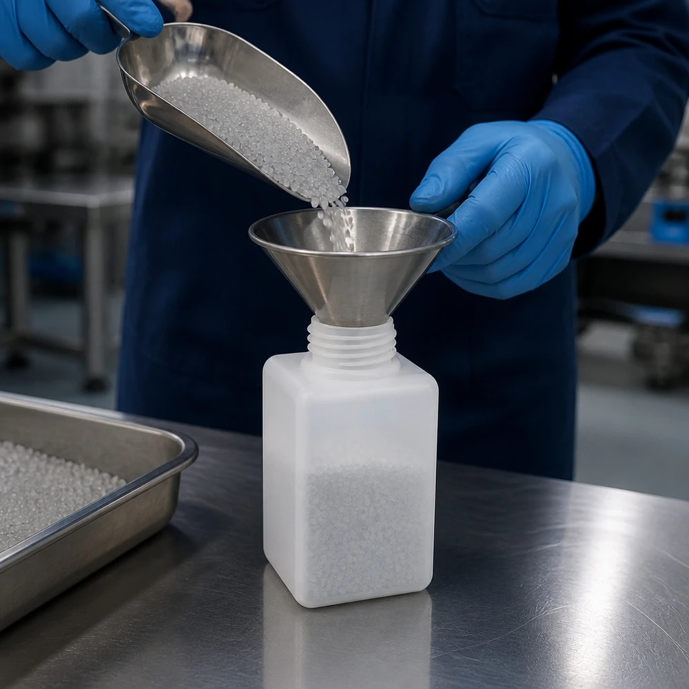 Chemicaliënfles 100 ml, nauwe hals Kleine verpakking: chemische fles 100 ml PE-HD GL 25 voor granulaten, poeder en vaste stoffen