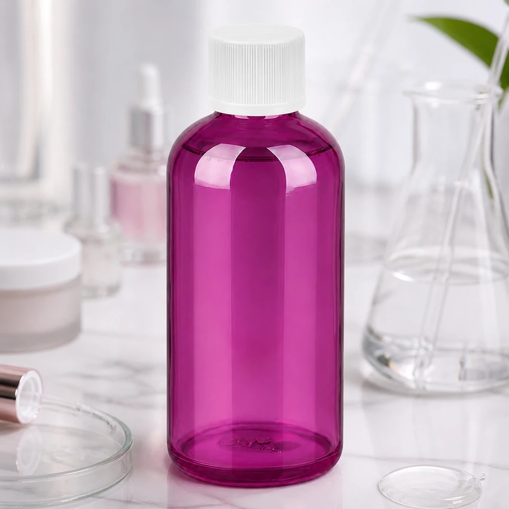 100ml fles 11mm schroefdop wit standaard kindveilige PurpleLine. UT18/100 Hoogwaardige plastic fles 100ml in paarse look met robuust materiaal voor dagelijks gebruik