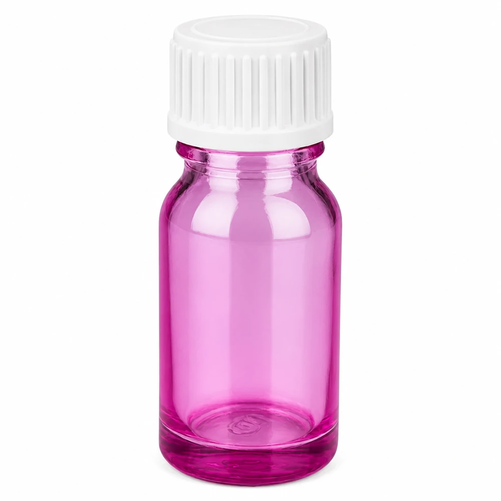 Compact violet glazen flesje met een inhoud van 10 ml en veilige sluiting