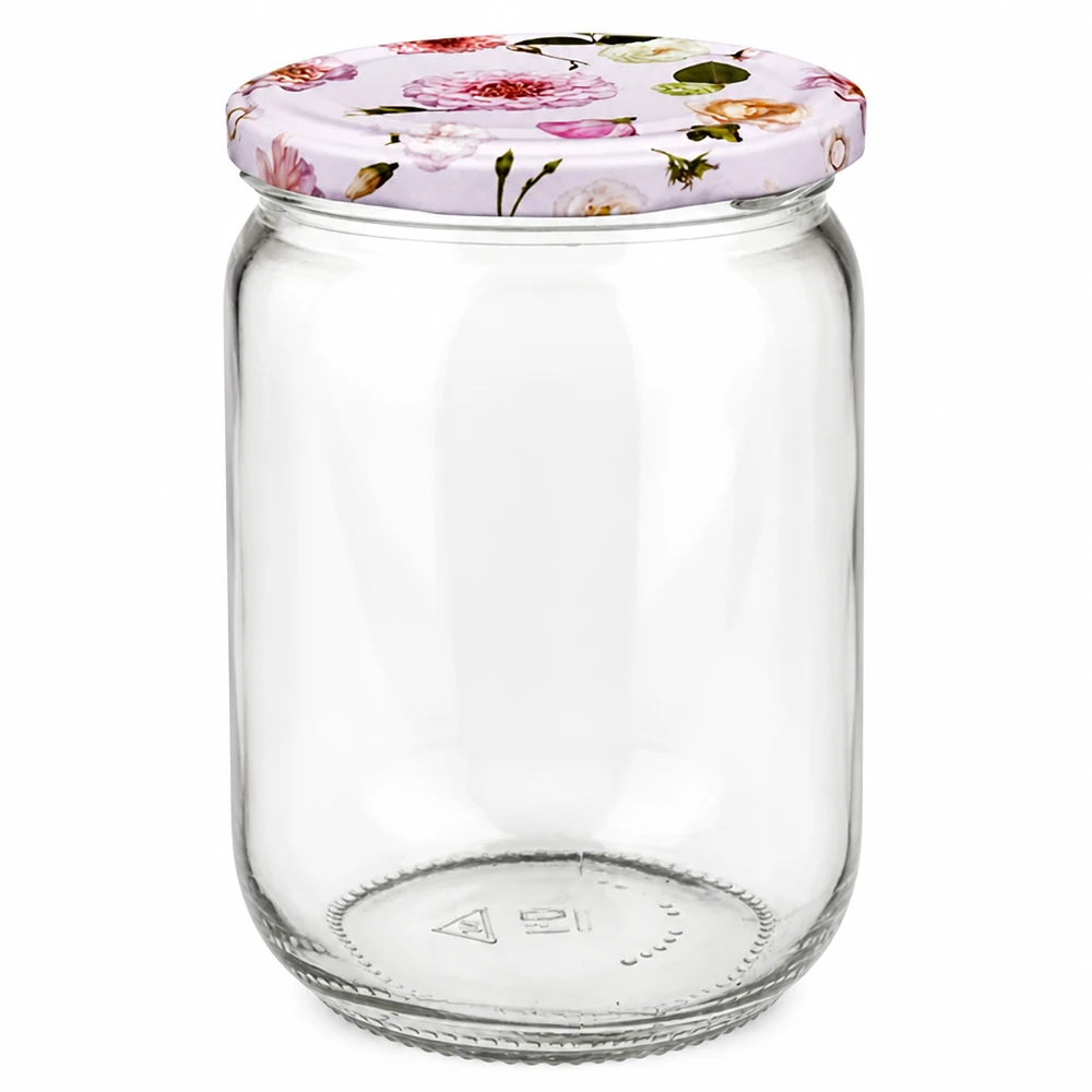 555 ml rond glas + BasicSeal-deksel met bloemmotief, roze, UNiTWIST Doorzichtig inmaakglas, ronde vorm, 555 ml, met decoratief bloemendeksel, roze UNiTWIST